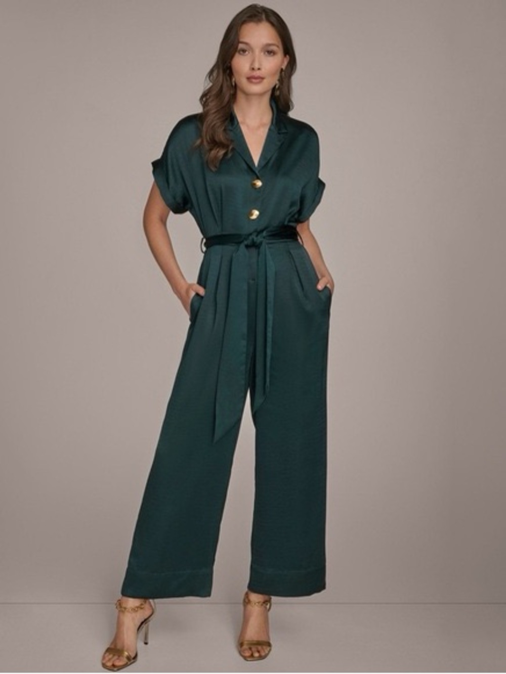 DONNA KARAN NWT Sz 6 Emerald Green Satin Short Sleeve Wide Leg Belted Jumpsuit